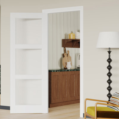 Interior Glass Door Slab with Matching Adjustable Frame – 3 Lite Clear Glass White MDF Interior Door for Custom Hardware & Swing Choice