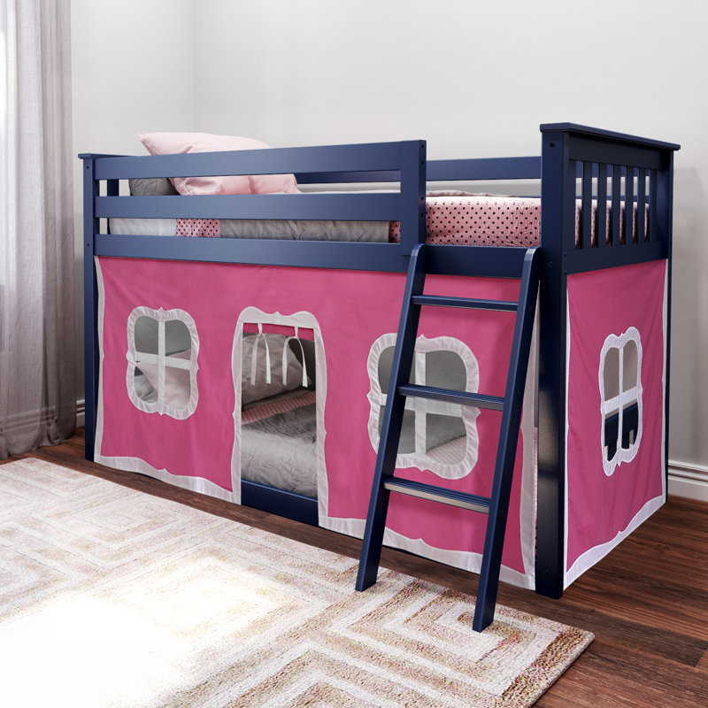Mendelson Kids Low Bunk Bed with Curtain, Pink, Blue
