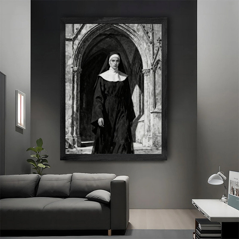 Art mural rétro noir et blanc avec nonne, impressions de style gothique, H 25 po x l 17 po