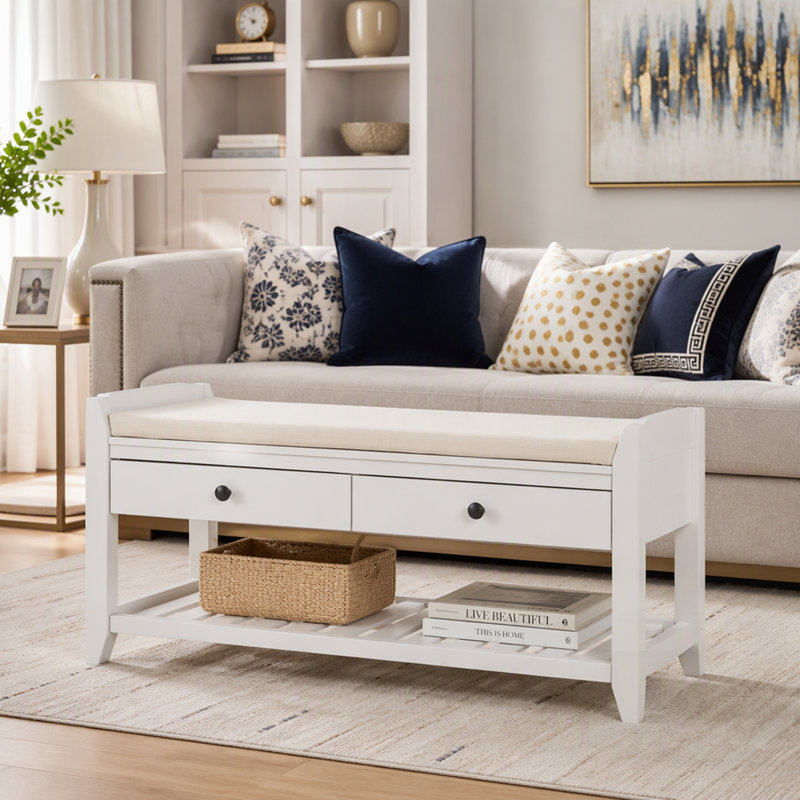 Banc de rangement d'entrée en bois avec siège rembourré et deux tiroirs pour une organisation optimale des chaussures, Blanc