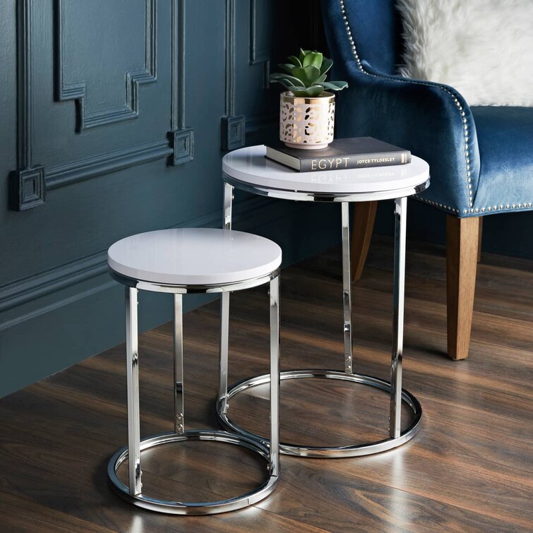 Algona Set Of 2 Tables White Table Top Chrome Legs Living Room Decoration Space Saving Design