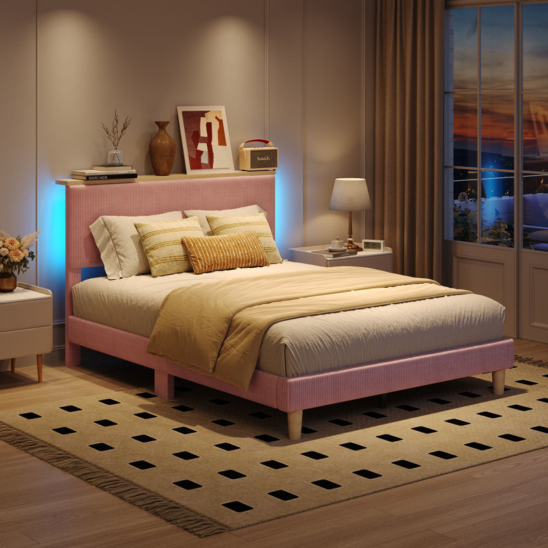 Abe Upholstered Platform Bed Frame with Storage Headboard and LED Lighting, Twin, Pink