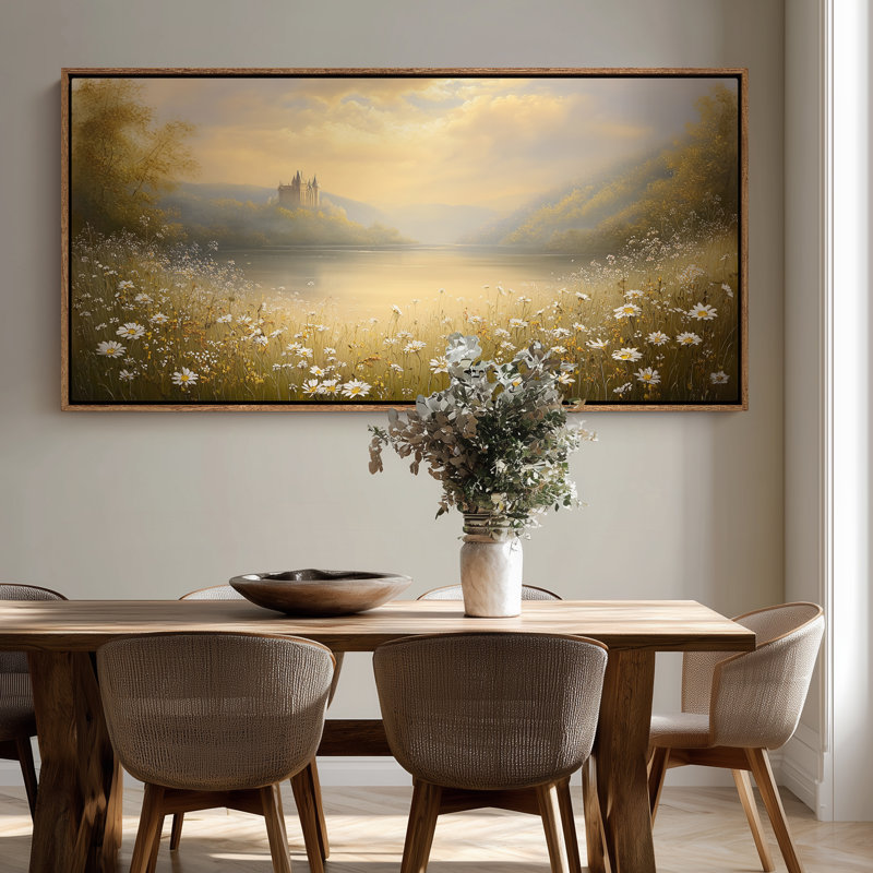 «Extra Large Golden Lake Meadow Landscape with Castle», reproduction d'art sur toile encadrée, H 30 po x l 60 po, Naturel