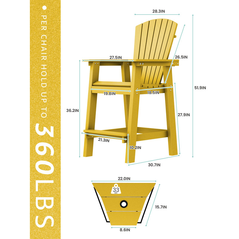Ensemble de chaises Adirondack d'extérieur en PEHD avec plateau amovible Delman, Jaune