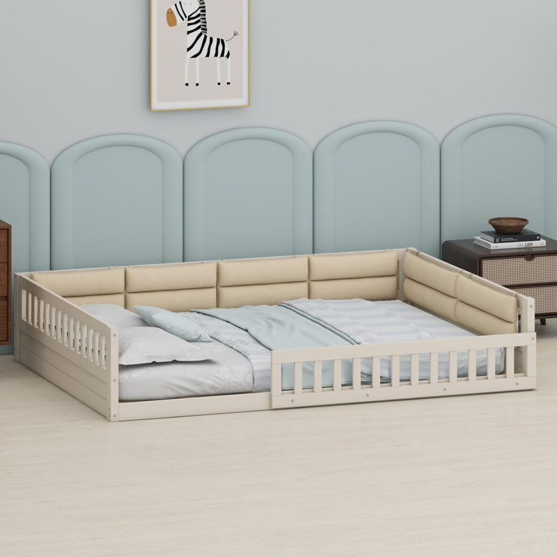 Wooden Upholstered Platform Bed with Protective Guardrail, Beige