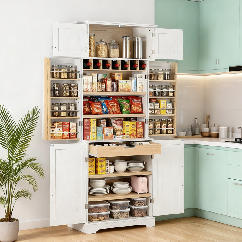 Armoire garde-manger de 78,2 po Gladwin avec tablettes, tiroir et porte-bouteilles, Blanc
