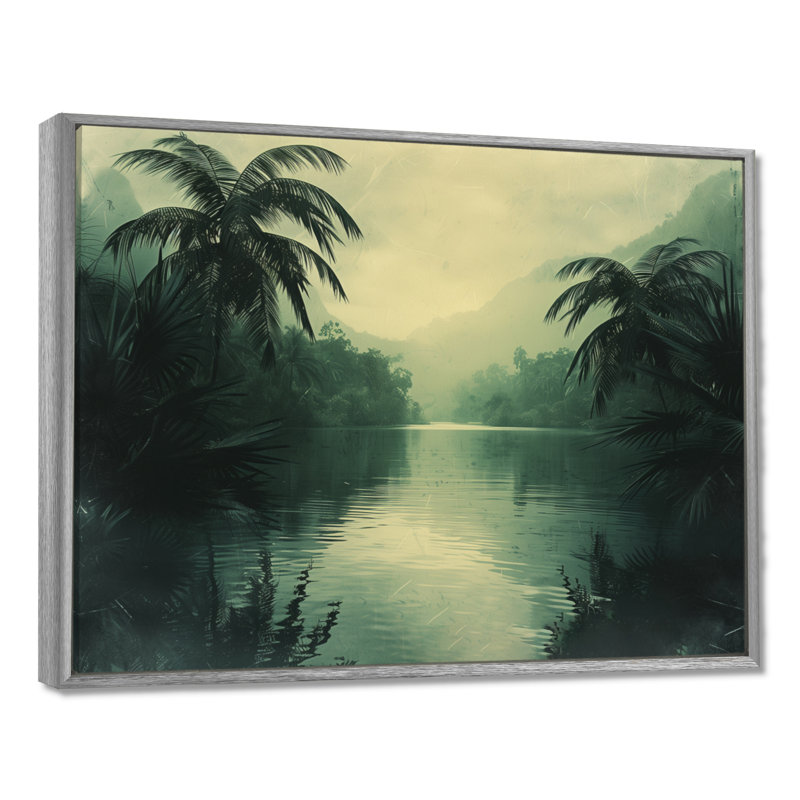 Décoration murale oasis tropicale grise et verte - palmiers et palmiers, Encadrement argenté, H 12 po x l 20 po