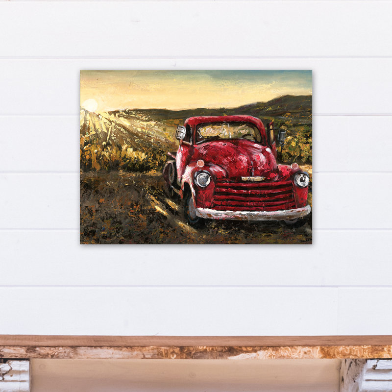 Camion de coucher de soleil rétro - peinture sur toile tendue
