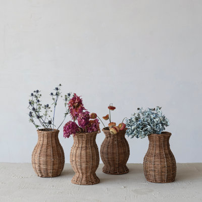 4-Piece Hand-Woven Rattan Vases with Glass Inserts