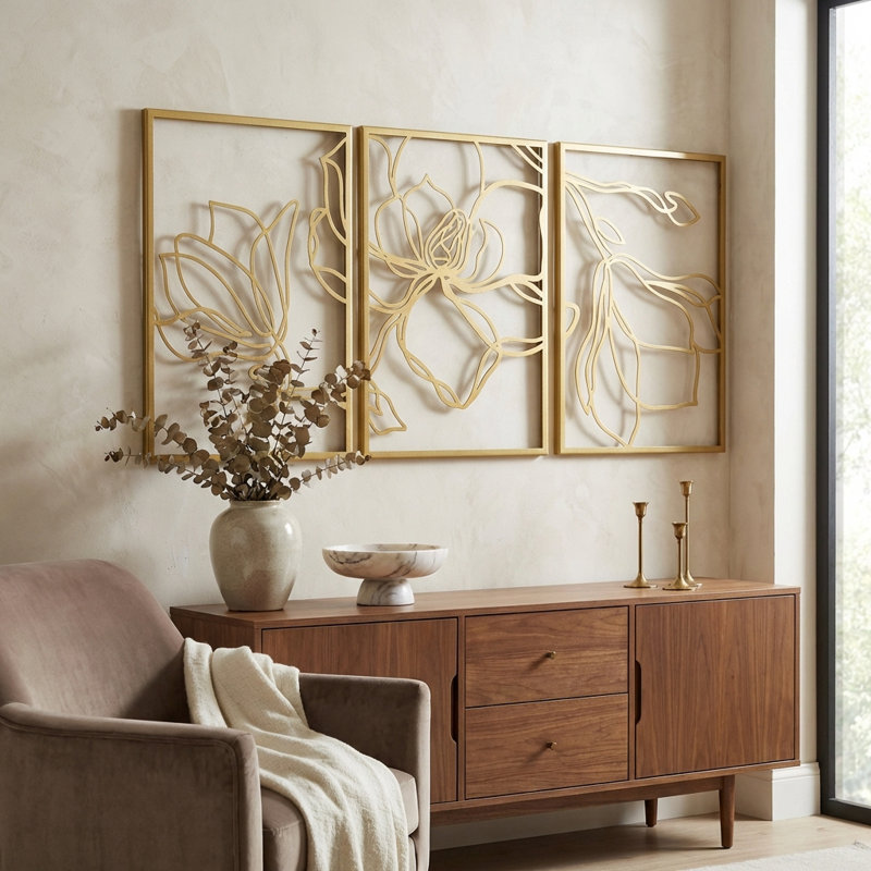Metal Floral Wall Decor Set - 3 Piece Wall Art, Gold, 18" H x 36" W x 1" D
