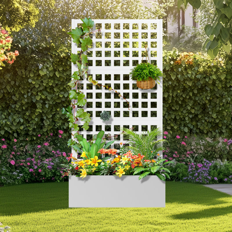 Metal Planter Box with Trellis Planter Trellis for Climbing Plants Vegetable Vines, White, 71'' H X 35'' W X 16'' D