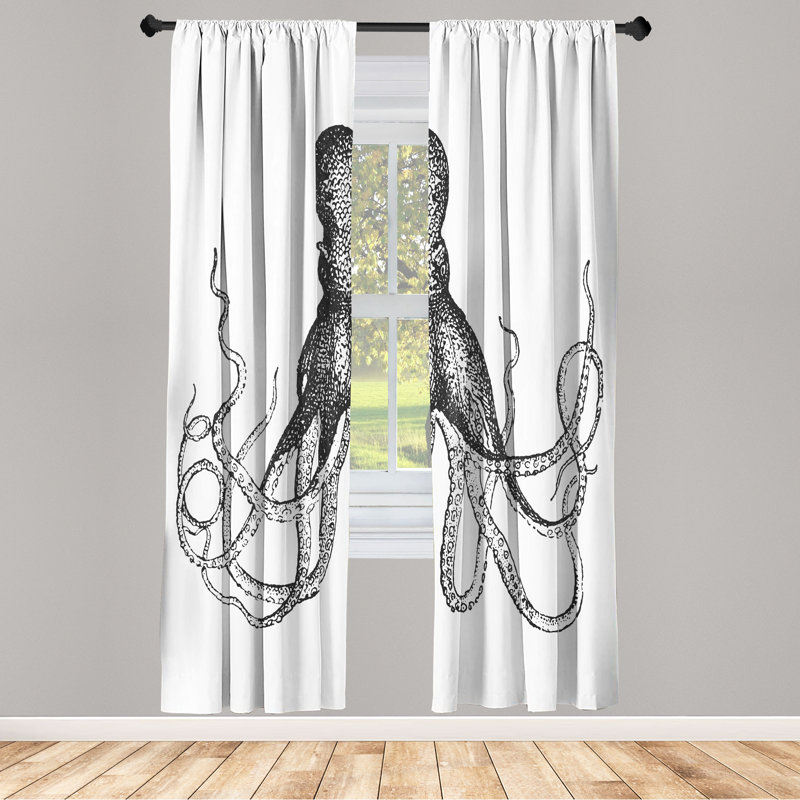  Octopus Curtains, Aquatic Animal Sketch, 28" W x 84" L