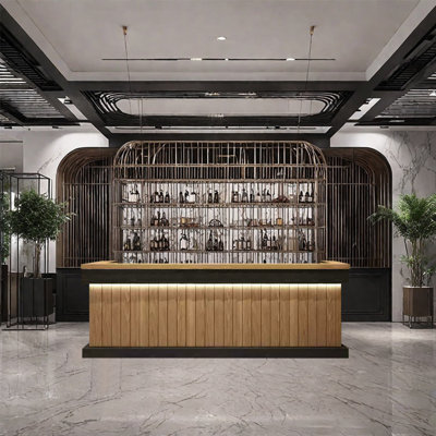 Vintage Bar Counter with Upper and Lower Surfaces, Wine Storage, Hanging Glass Hooks, Shelves & Cabinet – No Assembly Required by Wrought Studio