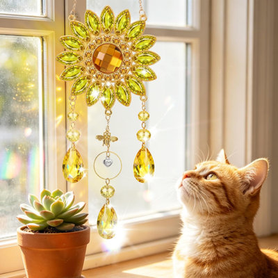 Sunflower & Bee Crystal Suncatcher, Faceted Crystal Hanging Window Ornament with Metal Frame for Rustic Home & Garden Decor