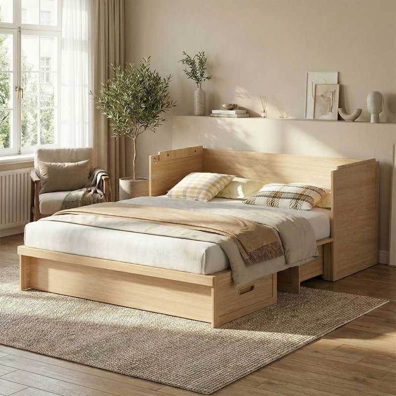 Lit escamotable convertible avec rangement et station de recharge, Bois naturel