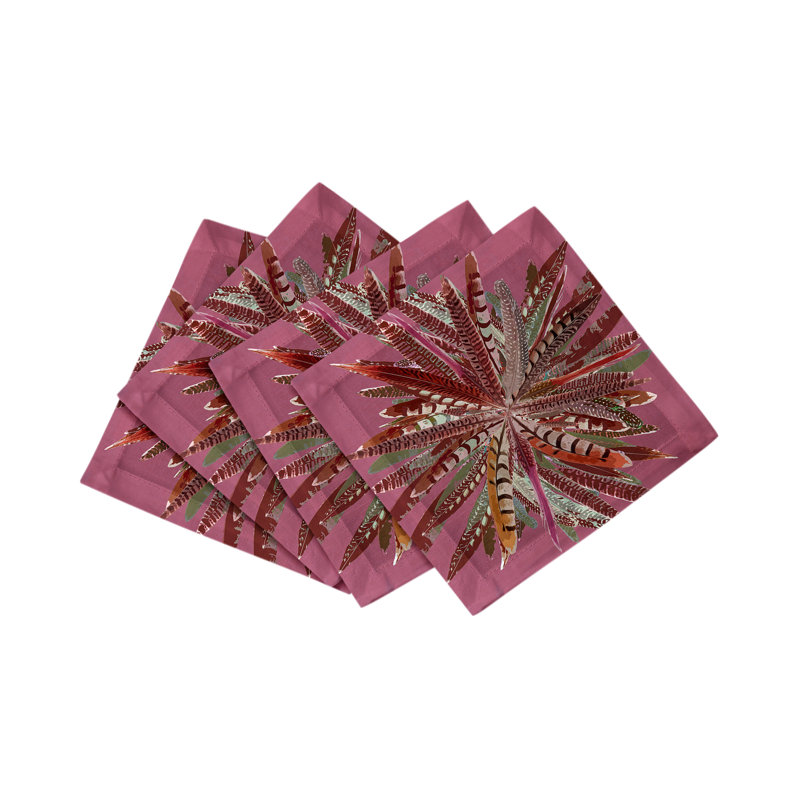 Pheasant Feathers Cotton Sateen Cocktail Napkins, Mauve