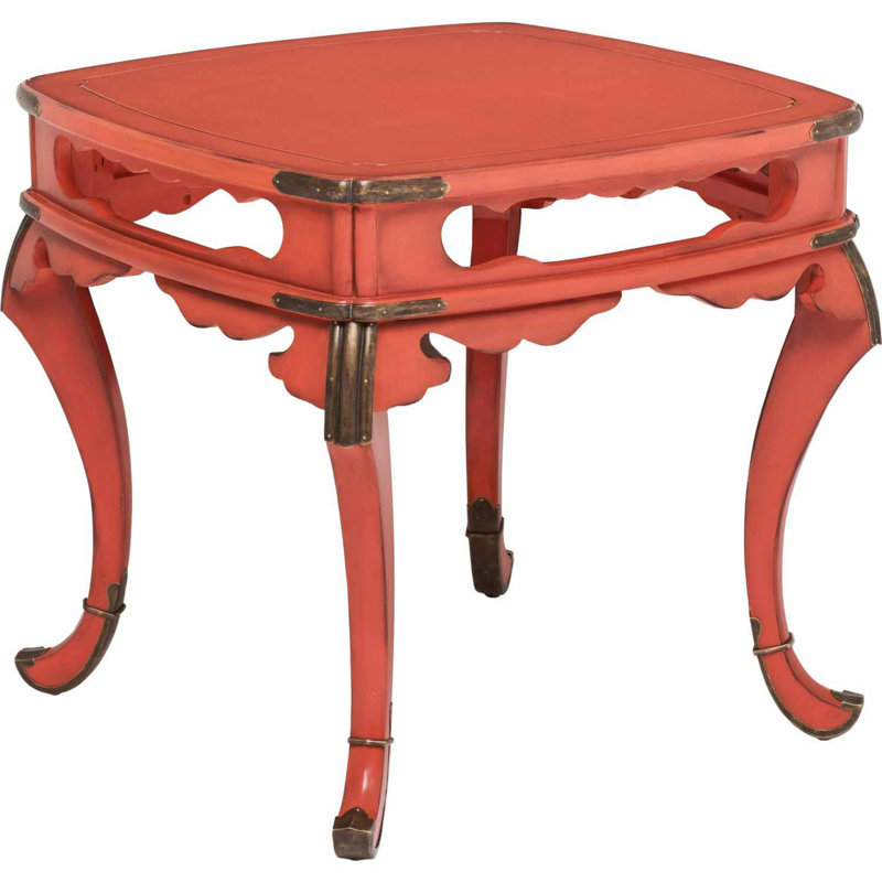 Elsie Aged Persimmon Lacquer Solid Wood Square End Table with Brass Accents