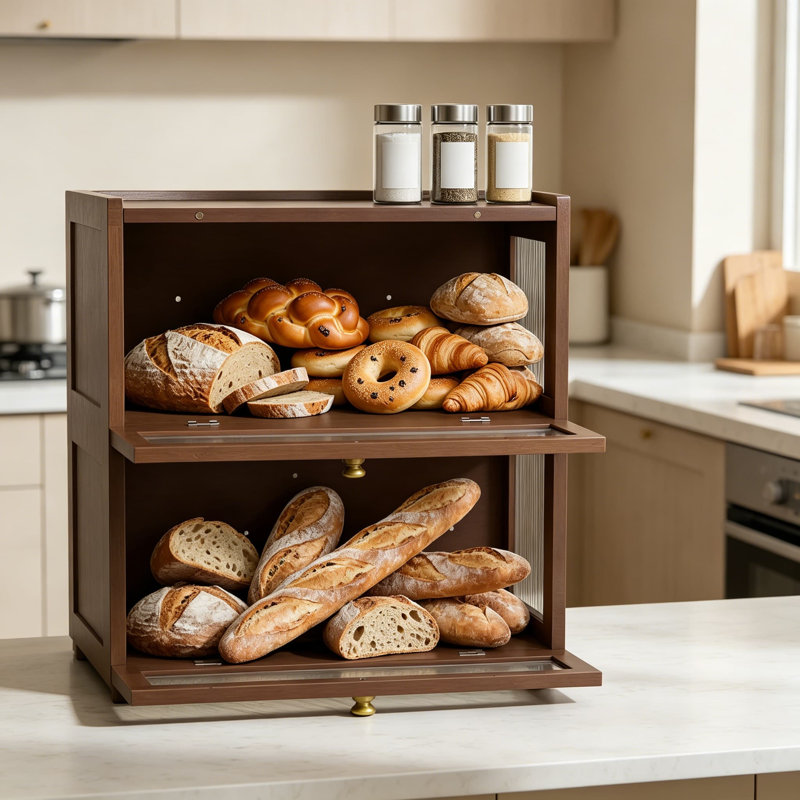 Boîte à pain empilable pour comptoir de cuisine, contenant de rangement en pain de bambou à 2 niveaux avec fenêtre en acrylique, conception peu encombrante pour les produits de boulangerie, les collations et l'organisation du garde-manger