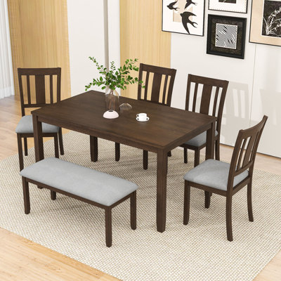 6Pcs Rectangular Dining Set with Wood Table, 4 Linen Upholstered Chairs and Bench for 6