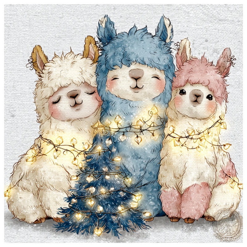 Illustration de couvre-lit avec des lamas et des lumières de Noël, Lit simple