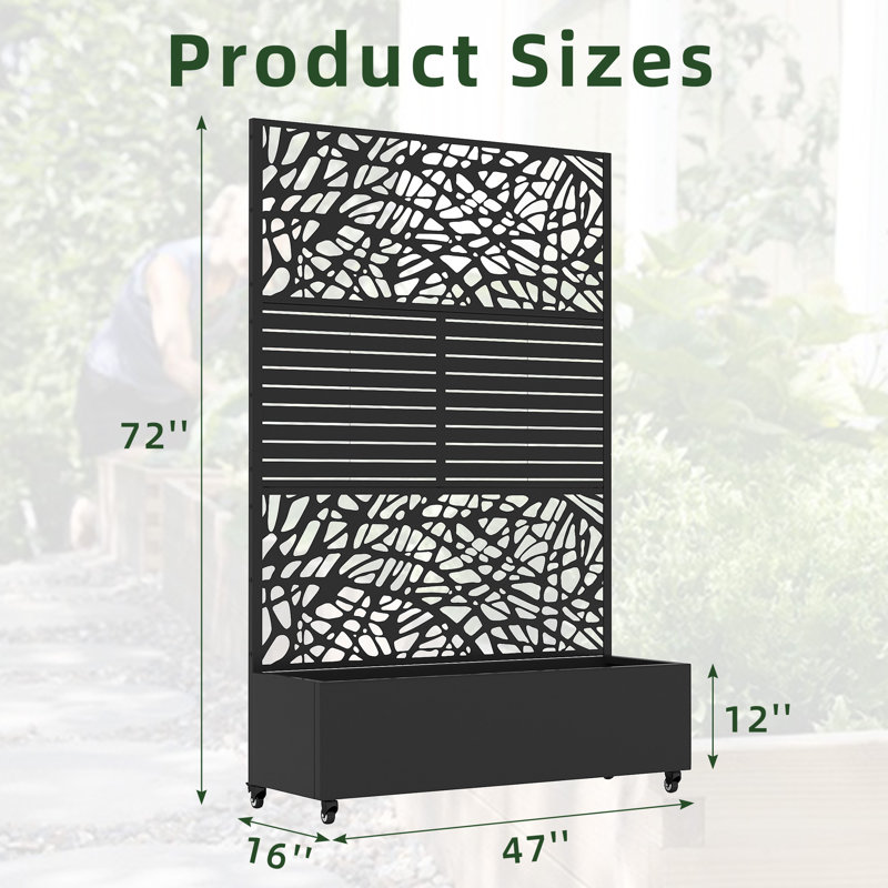 72"H Two-tone Patio Planter Box with Trellis Metal Raised Garden Bed with Wheels Decorative Privacy Screen , 1
