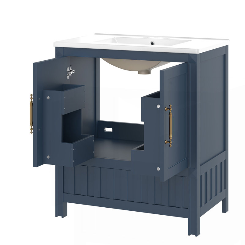 Meuble-lavabo multifonctionnel avec portes et tablettes de rangement de 30 po avec lavabo 30 po, avec tiroirs, bleu, Bleu