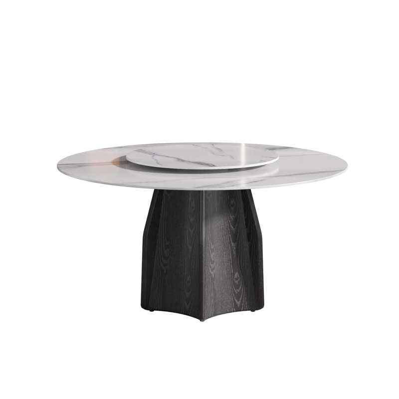 Modern Round Artificial Marble Dining Table with Artificial Stone Turntable & Black Textured Solid Wood Base(Dining Table Only)