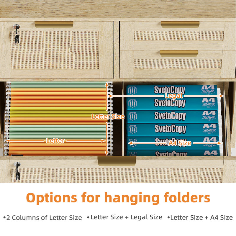 31.5" Rattan File Cabinet With Lock & 4 Drawer, Natural Wood