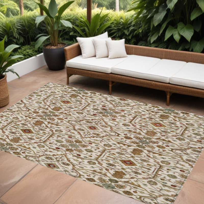 Tapis extérieur lavable floral brun et rouge ivoire 10 pi x 14 pi
