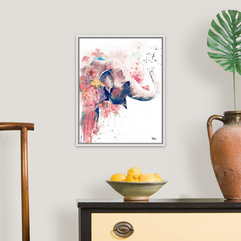 «Floral Water Elephant» par Patricia Pinto, reproduction d'art sur toile, Cadre flottant noir, H 22 po x l 18 po x P 1,75 po