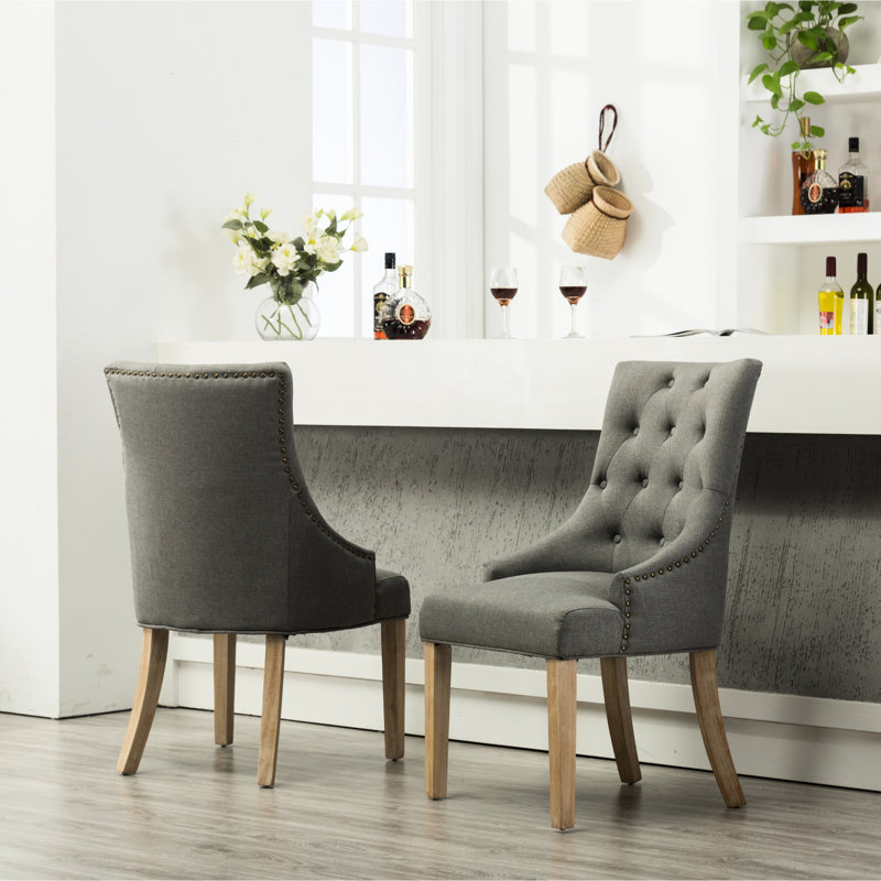 2 pièces avec chaises à oreilles en bois massif à boutons gris, Gris