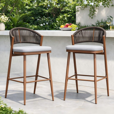 2-Piece Aluminum Patio Bar Stools with Cushions and Wicker Backrests