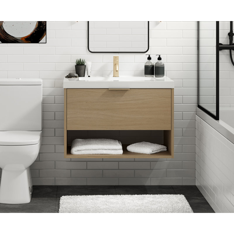 Modo 42" W Wall Mounted Single Bathroom Vanity, Matte White/Single, Biondo, Satin Brass