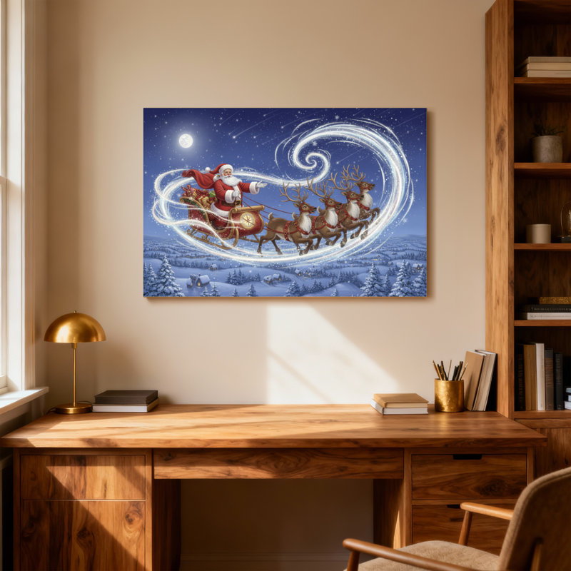 Noël, père Noël, renne, traîneau, ciel nocturne, neige, paysage, H 32 po x l 48 po