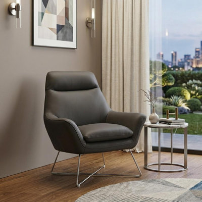  Fauteuil capitonné en cuir italien gris avec structure en acier inoxydable argenté