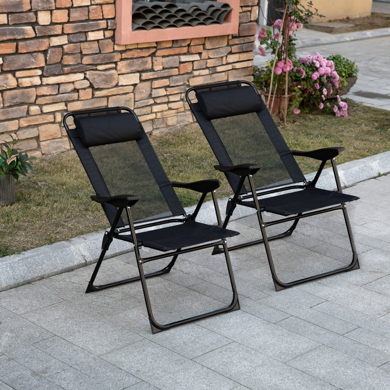Folding Patio Chairs Set Of 2, Outdoor Deck Chair With Adjustable Sling Back, Camping Chair With Removable Headrest For Garden, Backyard, Lawn, , Chair