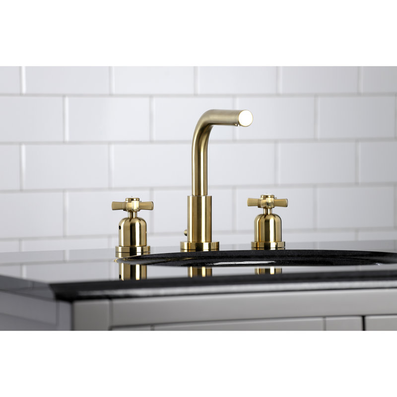 Kingston Brass Millennium Two-Handle 3-Hole Deck Mount Widespread Bathroom Faucet with Brass Pop-Up Drain, Satin Brass