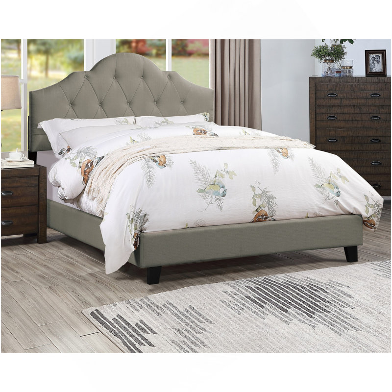 Mobilier de chambre à coucher majestueux avec lit capitonné en polyfibre gris capitonné, Lit double, Gris