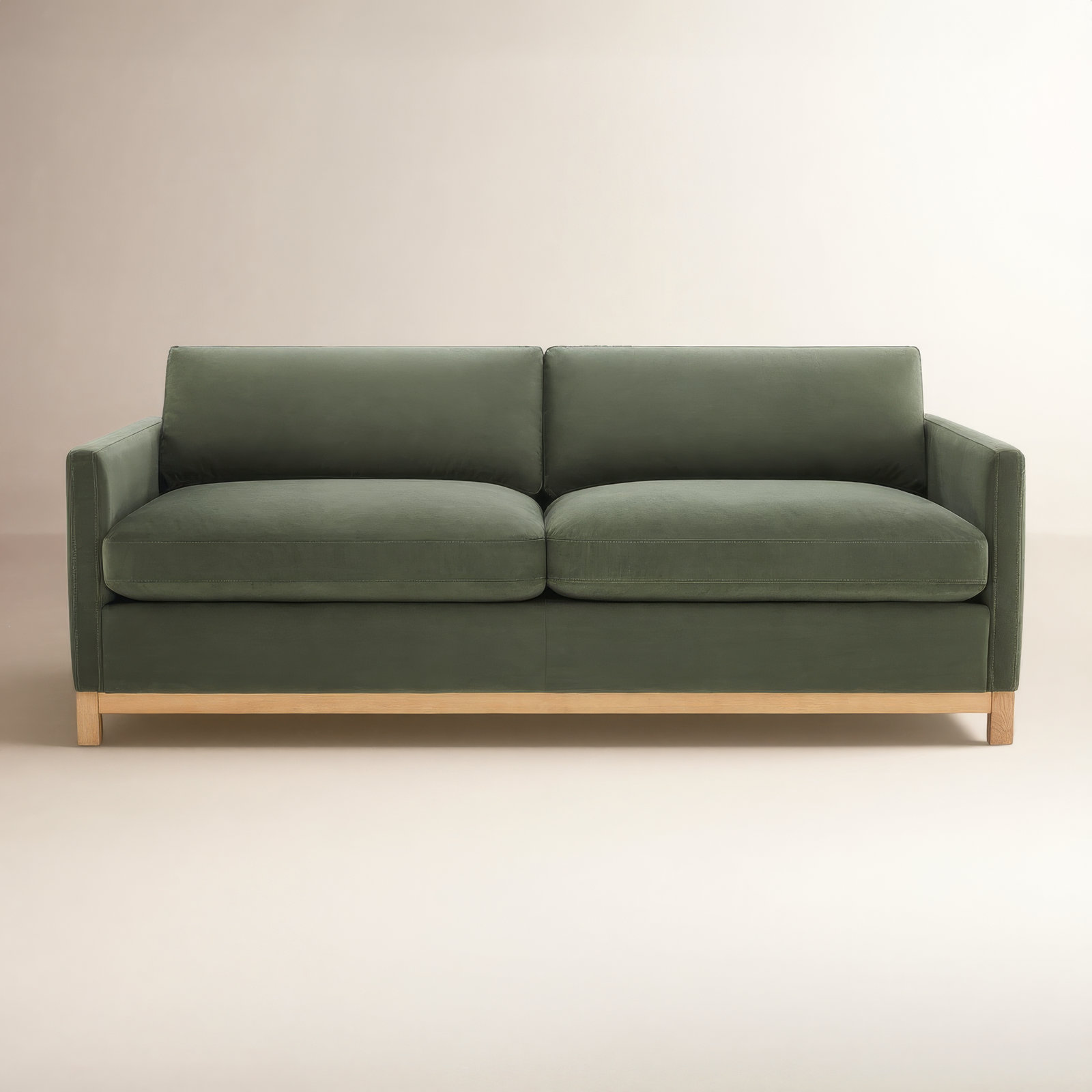 Liz 102" Linen Sofa, Soren Olivine Performance Velvet, Natural Wood, 32.28"H x 84.25"W x 39.37"D