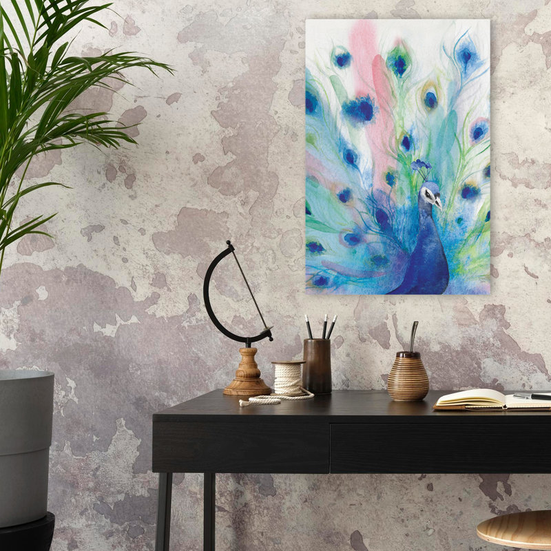 «Peacock Glory IV Crop» - animaux, oiseaux, art bohémien bleu, H 24 po x l 16 po