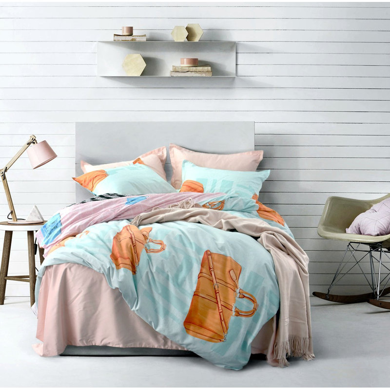 Housse de couette réversible en coton rose / bleu / orange Rivington, Housse de couette double / grand + 2 taies décora