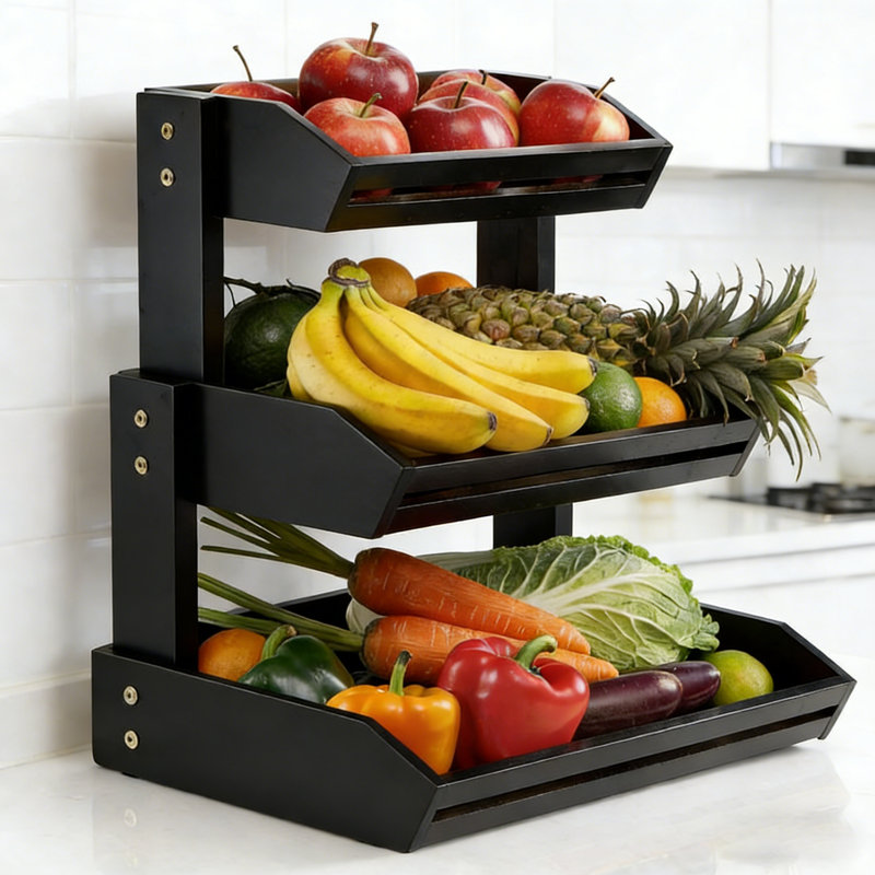 Panier de fruits en bois d'acacia à 3 niveaux pour comptoir de cuisine, organisateur de cuisine antidérapant d'une capacité de 20 lb