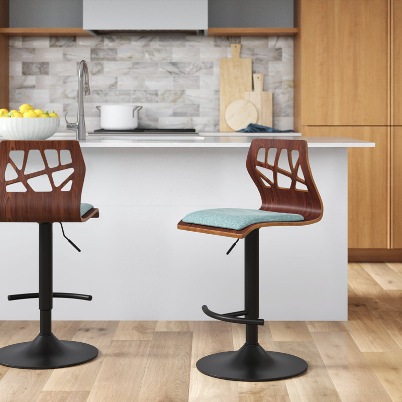 Tabouret de bar Laurenzio, Noir, Tissu bleu sarcelle / bois de noyer