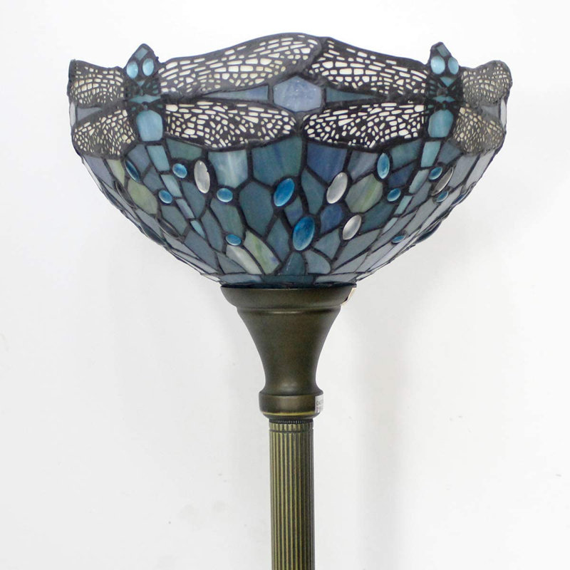 Ailan Tiffany Floor Lamp Sea Blue Stained Glass Dragonfly Light 12X12X66 Inches Pole Torchiere Standing