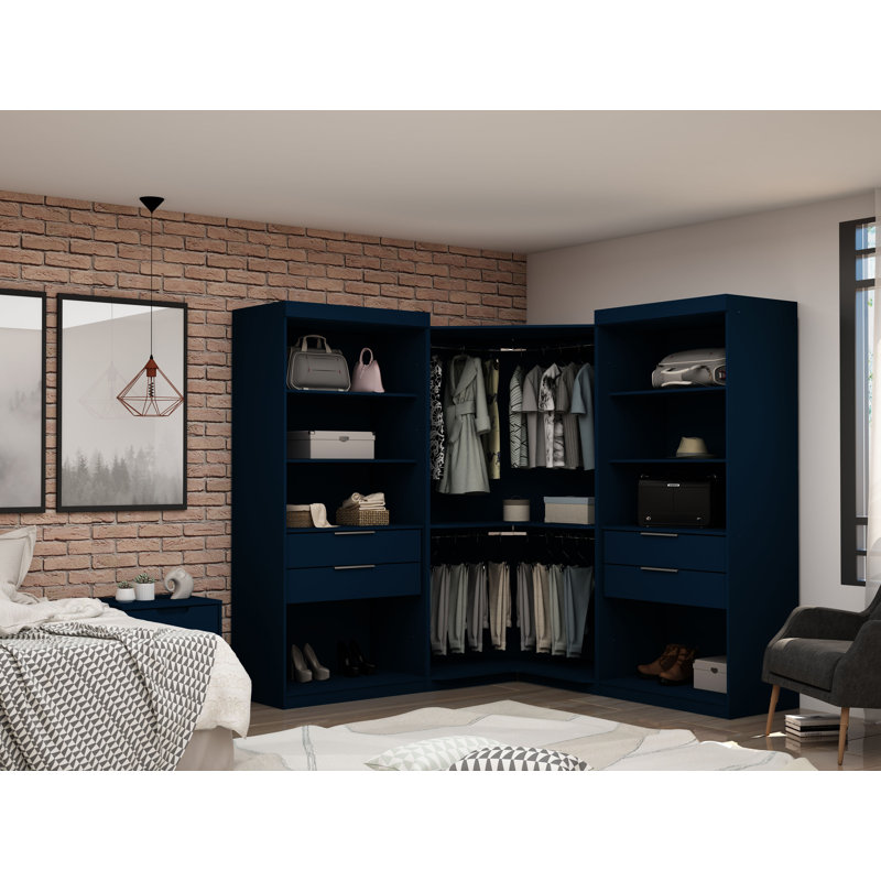 Garde-robe d'angle ouvert Mulberry avec tringles suspendues, tiroirs et tablettes réglables, Bleu minuit Tatiana