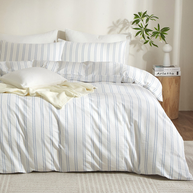 Ensemble de housse de couette à rayures 100% coton délavé 3 pièces, Housse de couette très grand et 2 taies d'oreille