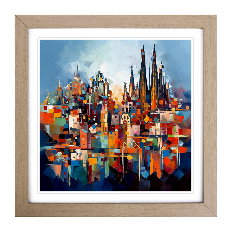 City Of Barcelona Abstract Art No.4 - Single Picture Frame Print on Wood, Oak