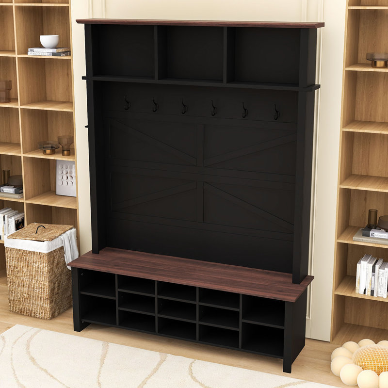 Arbre d'entrée rustique avec banc, crochets et rangement Rustic Farmhouse, Noir