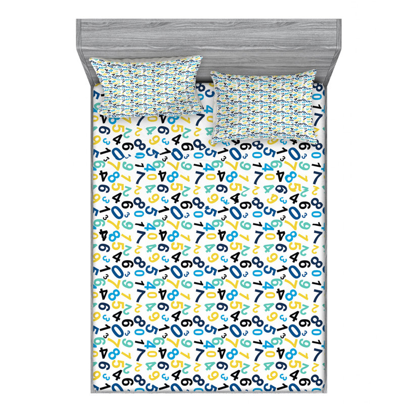 Number Microfiber Patterned Fitted Sheet, Queen Fitted Sheet with 2 Pillowcases