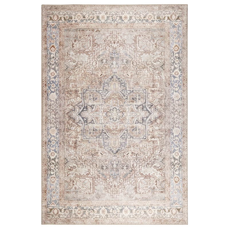 Tapis traditionnel beige / brun / bleu lavable à la machine, Rectangle 1 pi 10 po x 2 pi 10 po
